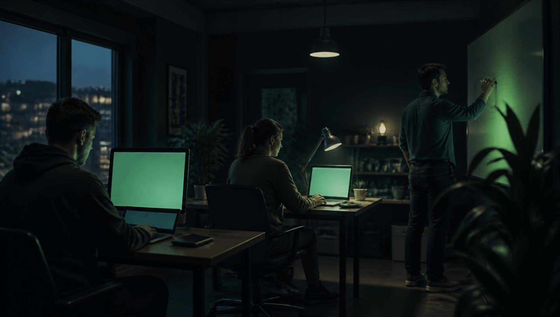A small team working late in a dark studio office