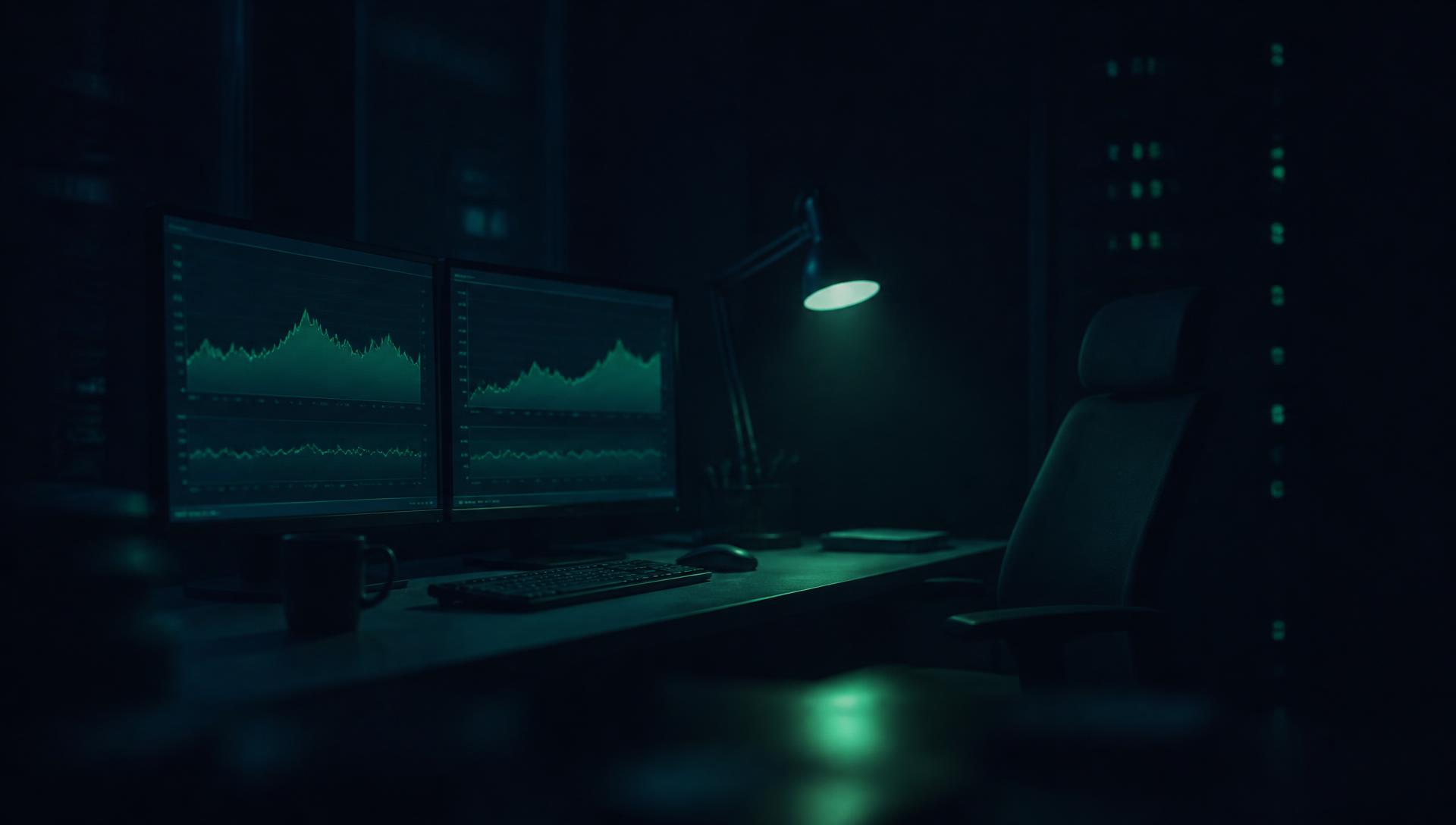 A quiet dark operations room at night with uptime graphs on two monitors