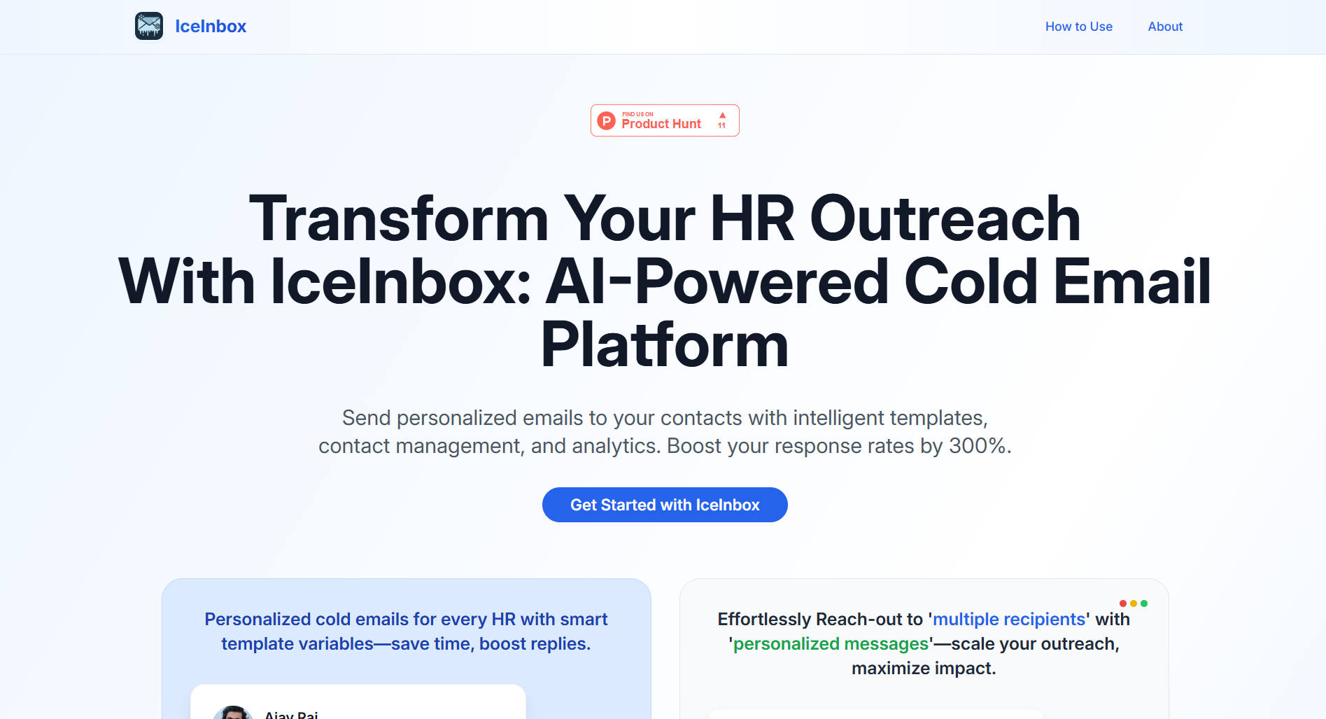 Screenshot of the IceInbox cold email platform website
