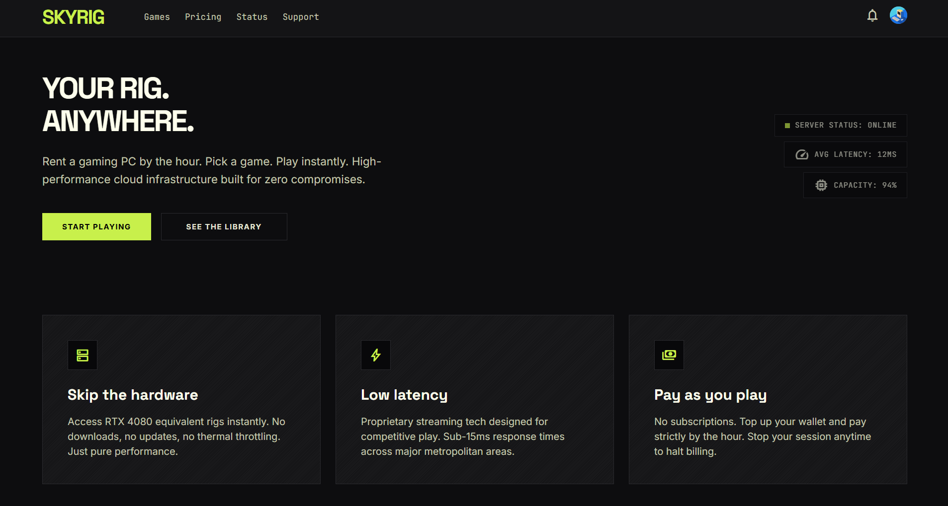 Screenshot of the SKYRIG cloud gaming website